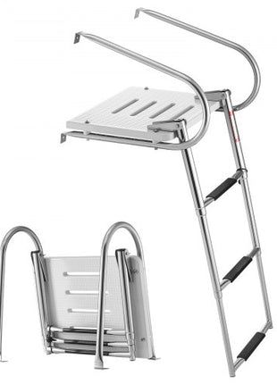 Boat Ladder, 3 Steps, Stainless Steel Telescoping Folding Swim Deck Ladder for Rear Entry Inboard, 400 lbs Capacity with Wide Anti-Slip Steps & Handrails, for Outboards, Yacht, Pontoon Boats
