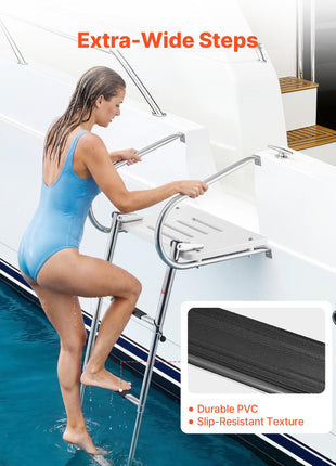 Boat Ladder, 3 Steps, Stainless Steel Telescoping Folding Swim Deck Ladder for Rear Entry Inboard, 400 lbs Capacity with Wide Anti-Slip Steps & Handrails, for Outboards, Yacht, Pontoon Boats