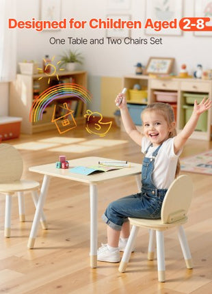 Kids Table and 2 Chairs Set, Toddler Table and Chair Set with Rounded Edge Design & Graffiti Desktop, Wooden Desk for Art, Craft, Reading, Learning, Drawing, Classroom/Daycare/Home, Burlywood