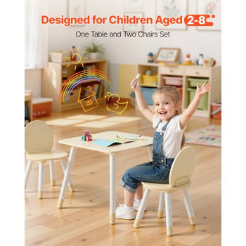 Kids Table and 2 Chairs Set, Toddler Table and Chair Set with Rounded Edge Design & Graffiti Desktop, Wooden Desk for Art, Craft, Reading, Learning, Drawing, Classroom/Daycare/Home, Burlywood