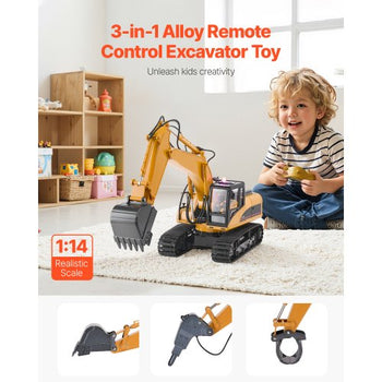 Remote Control Excavator Toy, 15 Channel, 3 in 1 Remote Control Digger with Metal Shovel, 1:14 Scale RC Excavator with Light & Sound, Full Functional Construction Vehicles for Kids, 2 Batteries