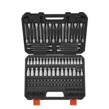 Bit Socket Set, 107-Piece SAE and Metric, Hex/Torx/External Torx/Tamper-Proof/Extra Long, S2 Alloy Steel and Cr-V Steel, 1/4 in, 3/8 in, and 1/2 in Drives, with Enhanced Storage Case, Hand Use