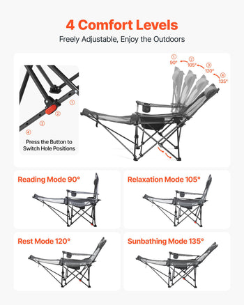 Reclining Camping Chair, 4 Adjustable Positions, Portable Folding Lounger for Adults, Mesh Beach Chair with Headrest & Foot Rest, Supports 220 lbs, Heavy Duty Camp Chairs for Patio, Gray