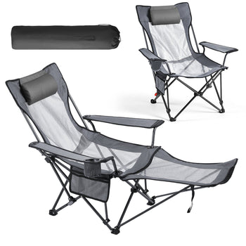 Reclining Camping Chair, 4 Adjustable Positions, Portable Folding Lounger for Adults, Mesh Beach Chair with Headrest & Foot Rest, Supports 220 lbs, Heavy Duty Camp Chairs for Patio, Gray