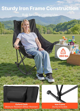 Rocking Camping Chair, Portable Folding Rocker, Heavy-Duty Lawn Chair Recliner with Cupholder & Pocket, Supports 225lbs, Fully Padded Camp Chairs for Outdoor Patio Backyard Porch Garden