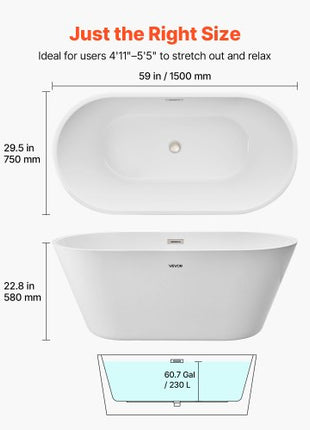 Acrylic Freestanding Bathtub, 59 Inch Contemporary Soaking White Tub with Brushed Nickel Overflow and Drain, Elegant Oval Shape Stand Alone Soaker Tub for Modern Bathroom or Remodel Projects