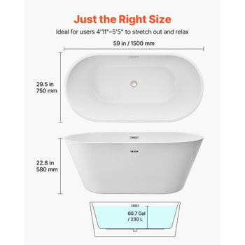 Acrylic Freestanding Bathtub, 59 Inch Contemporary Soaking White Tub with Brushed Nickel Overflow and Drain, Elegant Oval Shape Stand Alone Soaker Tub for Modern Bathroom or Remodel Projects