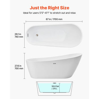 Acrylic Freestanding Bathtub, 67 Inch Contemporary Soaking White Tub with Brushed Nickel Overflow and Drain, Elegant Oval Shape Stand Alone Soaker Bathtub for Modern Bathroom or Remodel Project