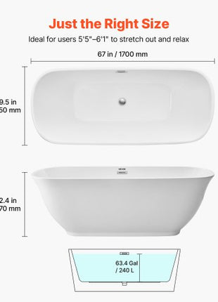 Acrylic Freestanding Bathtub, 67 Inch Contemporary Soaking White Tub with Polished Chrome Overflow and Drain, Elegant Oval Shape Stand Alone Soaker Tub for Modern Bathroom or Remodel Projects