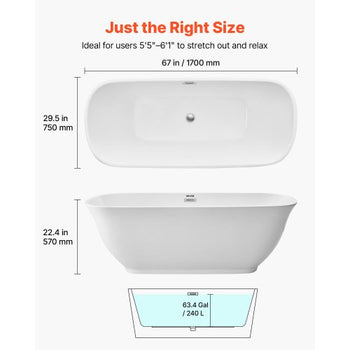 Acrylic Freestanding Bathtub, 67 Inch Contemporary Soaking White Tub with Polished Chrome Overflow and Drain, Elegant Oval Shape Stand Alone Soaker Tub for Modern Bathroom or Remodel Projects
