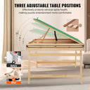 Adjustable wooden puzzle table in natural finish with green tabletop, promotes ergonomic posture and comfort.