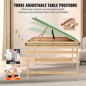 Adjustable wooden puzzle table in natural finish with green tabletop, promotes ergonomic posture and comfort.