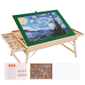 Wooden puzzle table with adjustable green felt surface, includes storage drawers and a selection of colorful puzzle pieces.