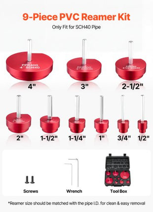 PVC Pipe Reamer Kit, 9-Piece, PVC Fitting Socket Saver, Includes 1/2", 3/4", 1", 1-1/4", 1-1/2", 2", 2-1/2", 3", 4", Fits Standard 1/2" Drills, Plumbing Tool Kit for SCH40 ABS CPVC Drain Pipes