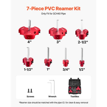 PVC Pipe Reamer Kit, 7-Piece, 3 Blades PVC Fitting Socket Saver, Includes 1/2", 3/4", 1", 1-1/2", 2", 3", 4", Fits Standard 1/2" Drills, Plumbing Tool Kit for SCH40 ABS CPVC Vent Drain Pipes