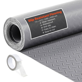 Garage Floor Roll, 7.5 x 20 ft Garage Flooring Mat, 2.2 mm Thickened PVC Diamond Plate Floor Protector Mat with Double-sided Tape, Non-Slip, Easy to Clean for Warehouse, Gyms,Silver Gray