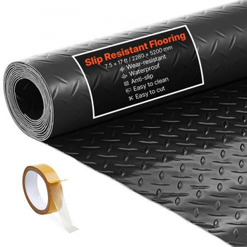 Garage Floor Roll, 7.5 x 17 ft Garage Flooring Mat, 2.2 mm Thickened PVC Diamond Plate Floor Protector Mat with Double-sided Tape, Non-Slip, Easy to Clean for Warehouse, Gyms, Trailer, Black