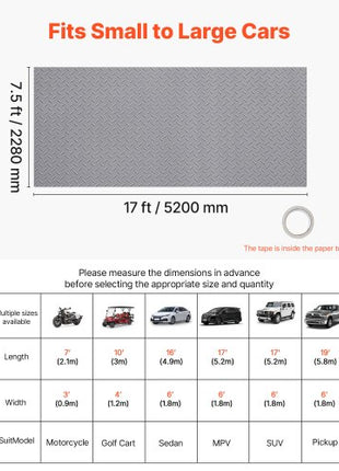 Garage Floor Roll, 7.5 x 17 ft Garage Flooring Mat, 2.2 mm Thickened PVC Diamond Plate Floor Protector Mat with Double-sided Tape, Non-Slip, Easy to Clean for Warehouse, Gyms,Silver Gray