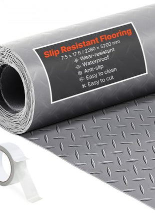 Garage Floor Roll, 7.5 x 17 ft Garage Flooring Mat, 2.2 mm Thickened PVC Diamond Plate Floor Protector Mat with Double-sided Tape, Non-Slip, Easy to Clean for Warehouse, Gyms,Silver Gray