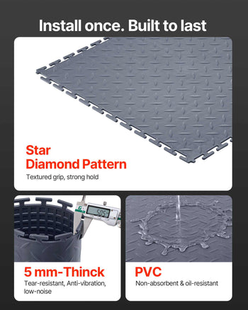 Garage Floor Tiles Interlocking, 16 Pack 20.2 x 20.2 x 0.2 in Interlocking Modular Garage Flooring Tiles, Diamond Plate Slip-Resistant PVC Mats for Workshop,Warehouse,Tool Room, Graphite Gray