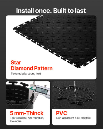 Garage Floor Tiles Interlocking, 16 Pack 20.2 x 20.2 x 0.2 in Interlocking Modular Garage Flooring Tiles, Diamond Plate Slip-Resistant PVC Mats for Workshop,Warehouse,Tool Room, Black