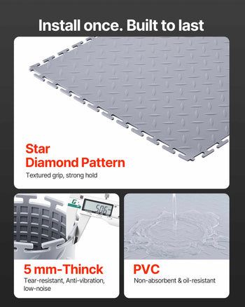 Garage Floor Tiles Interlocking, 8 Pack 20.2 x 20.2 x 0.2 in Interlocking Modular Garage Flooring Tiles, Diamond Plate Slip-Resistant PVC Mats for Workshop,Warehouse,Tool Room, Silver