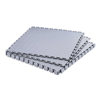 Garage Floor Tiles Interlocking, 8 Pack 20.2 x 20.2 x 0.2 in Interlocking Modular Garage Flooring Tiles, Diamond Plate Slip-Resistant PVC Mats for Workshop,Warehouse,Tool Room, Silver