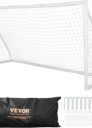 White soccer goal with net, durable material, includes carrying bag and stakes for easy setup. Perfect for outdoor play.