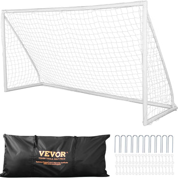 White soccer goal with net, durable material, includes carrying bag and stakes for easy setup. Perfect for outdoor play.