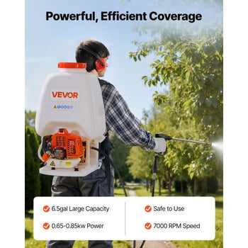 Gas Powered Backpack Sprayer, 26.5CC 0.9HP Engine, Garden Sprayer with 6.5 Gallon Tank, Large Area Coverage, Lawn Spraying Machine with 24 in Wand & Nozzles for Efficient Gardening & Farming