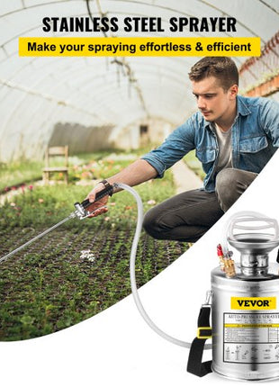 1 Gallon Stainless Steel Sprayer, 12" Wand & 3FT Reinforced Hose, Hand Pump Sprayer with Pressure Gauge, Safety Valve & Adjustable Nozzle, Garden Weed Sprayer for Lawn, Gardening, Sanitizing