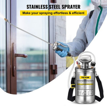 1.5Gal Stainless Steel Sprayer, Set with 16\" Wand& Handle& 3.3FT Reinforced Hose, Hand Pump Sprayer with Pressure Gauge&Safety Valve, Adjustable Nozzle Suitable for Gardening& Sanitizing