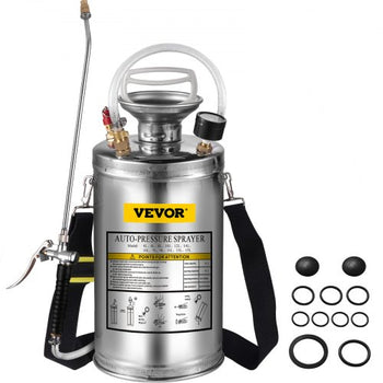 1.5Gal Stainless Steel Sprayer, Set with 16\" Wand& Handle& 3.3FT Reinforced Hose, Hand Pump Sprayer with Pressure Gauge&Safety Valve, Adjustable Nozzle Suitable for Gardening& Sanitizing
