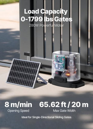 Solar Sliding Gate Opener, 280W Electric Gate Opener for Doors up to 65.6ft 1799lbs, Gear Track Rolling Fence Door Motor with Infrared Sensor & 2 Remote Controls, Driveway Gates Opening System