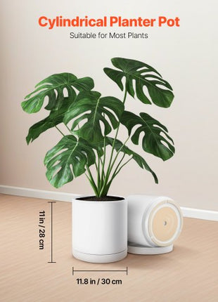 Plant Pot, 12-Inch Large Cylinder Planter with Drainage Holes, Non-Slip Pads & Detachable Saucer, Modern Ceramic Flower Pots, Indoor and Outdoor Tree Planter Pot, Home & Office Decorations