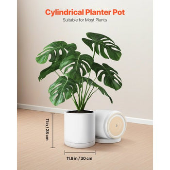 Plant Pot, 12-Inch Large Cylinder Planter with Drainage Holes, Non-Slip Pads & Detachable Saucer, Modern Ceramic Flower Pots, Indoor and Outdoor Tree Planter Pot, Home & Office Decorations