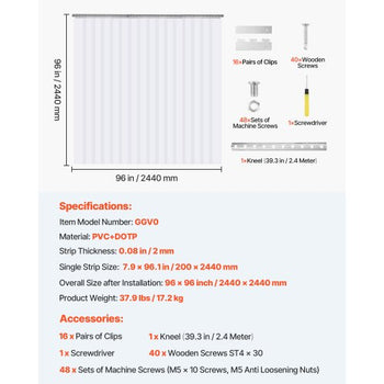 Strip Curtain 16PCS, 96" Height, 96" Width, 0.08" Thickness, Clear Smooth Plastic Door Strips with 50% Overlap, PVC Strip Door Curtain Freezer Curtain for Warehouses, Walk in Freezers, Coolers