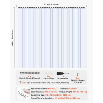 Clear PVC Strip Curtain, 96 in Height x 72 in Width x 0.08 in Thickness, 12 PCS Walk in Freezer Cooler Curtain Strips, Smooth Waterproof Plastic Door Strips for Warehouse, Freezer, Garage Doors