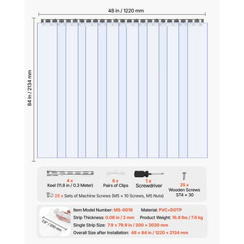 Clear PVC Strip Curtain, 84 in Height x 48 in Width x 0.08 in Thickness, 8 PCS Walk in Freezer Cooler Curtain Strips, Thermal Insulating Plastic Door Strips for Warehouse, Freezer, Garage Doors