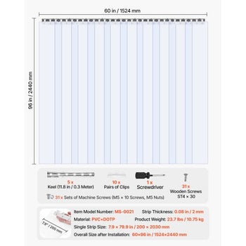 Clear PVC Strip Curtain, 96 in Height x 60 in Width x 0.08 in Thickness, 10 PCS Walk in Freezer Cooler Curtain Strips, Smooth Waterproof Plastic Door Strips for Warehouse, Freezer, Garage Doors