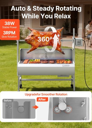 Rotisserie Grill, 38W BBQ Outdoor Pig & Lamb Spit Roaster, Charcoal Spit Roaster with 132 LBS Load Capacity & 7-Level Height, Stainless Steel Electric Rotisserie Grill Kit for Camping Outdoor