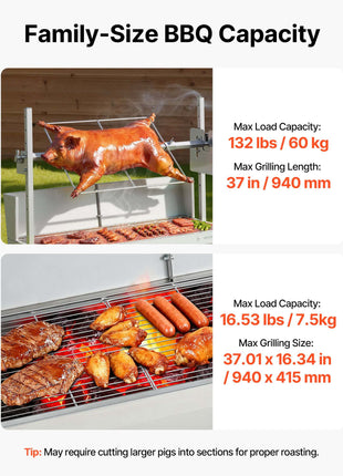 Rotisserie Grill, 38W BBQ Outdoor Pig & Lamb Spit Roaster, Charcoal Spit Roaster with 132 LBS Load Capacity & 7-Level Height, Stainless Steel Electric Rotisserie Grill Kit for Camping Outdoor