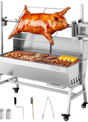 Rotisserie Grill, 38W BBQ Outdoor Pig & Lamb Spit Roaster, Charcoal Spit Roaster with 132 LBS Load Capacity & 7-Level Height, Stainless Steel Electric Rotisserie Grill Kit for Camping Outdoor