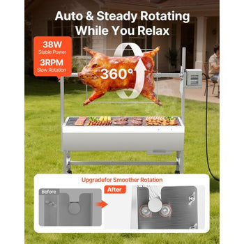 Rotisserie Grill, 38W BBQ Outdoor Pig & Lamb Spit Roaster, Charcoal Spit Roaster with 132 LBS Capacity, Wheels & 7-Level Height, Stainless Steel Electric Rotisserie Grill Kit for Camping Outdoor