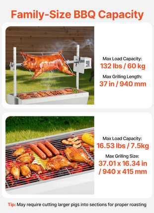 Rotisserie Grill, 38W BBQ Outdoor Pig & Lamb Spit Roaster, Charcoal Spit Roaster with 132 LBS Capacity, Wheels & 7-Level Height, Stainless Steel Electric Rotisserie Grill Kit for Camping Outdoor