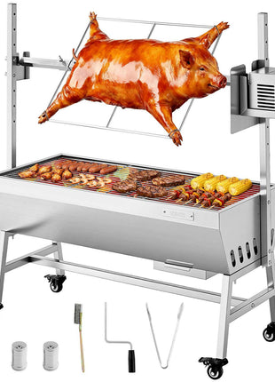 Rotisserie Grill, 38W BBQ Outdoor Pig & Lamb Spit Roaster, Charcoal Spit Roaster with 132 LBS Capacity, Wheels & 7-Level Height, Stainless Steel Electric Rotisserie Grill Kit for Camping Outdoor