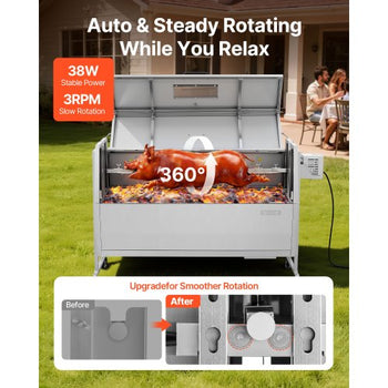 Rotisserie Grill, 38W BBQ Outdoor Pig & Lamb Spit Roaster, Charcoal Spit Roaster with 132 LBS Capacity, Wheels & 4-Level Height, Stainless Steel Rotisserie Grill Kit for Camping Outdoor Parties