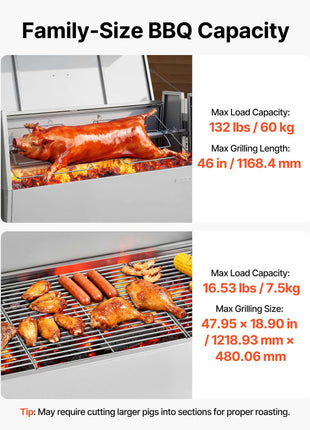 Rotisserie Grill, 38W BBQ Outdoor Pig & Lamb Spit Roaster, Charcoal Spit Roaster with 132 LBS Capacity, Wheels & 4-Level Height, Stainless Steel Rotisserie Grill Kit for Camping Outdoor Parties