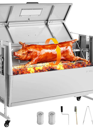 Rotisserie Grill, 38W BBQ Outdoor Pig & Lamb Spit Roaster, Charcoal Spit Roaster with 132 LBS Capacity, Wheels & 4-Level Height, Stainless Steel Rotisserie Grill Kit for Camping Outdoor Parties