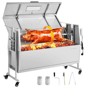 Rotisserie Grill, 38W BBQ Outdoor Pig & Lamb Spit Roaster, Charcoal Spit Roaster with 132 LBS Capacity, Wheels & 4-Level Height, Stainless Steel Rotisserie Grill Kit for Camping Outdoor Parties